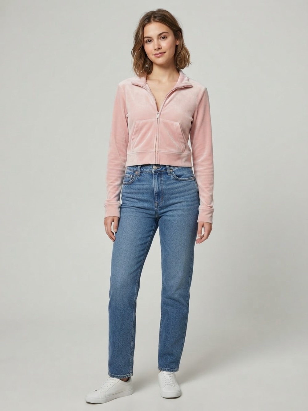 Hollister Cropped Pink Velour Zip-Up Jacket